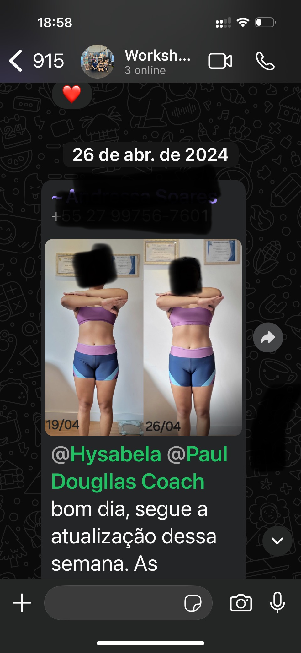 Antes e depois frontal com atualização semanal