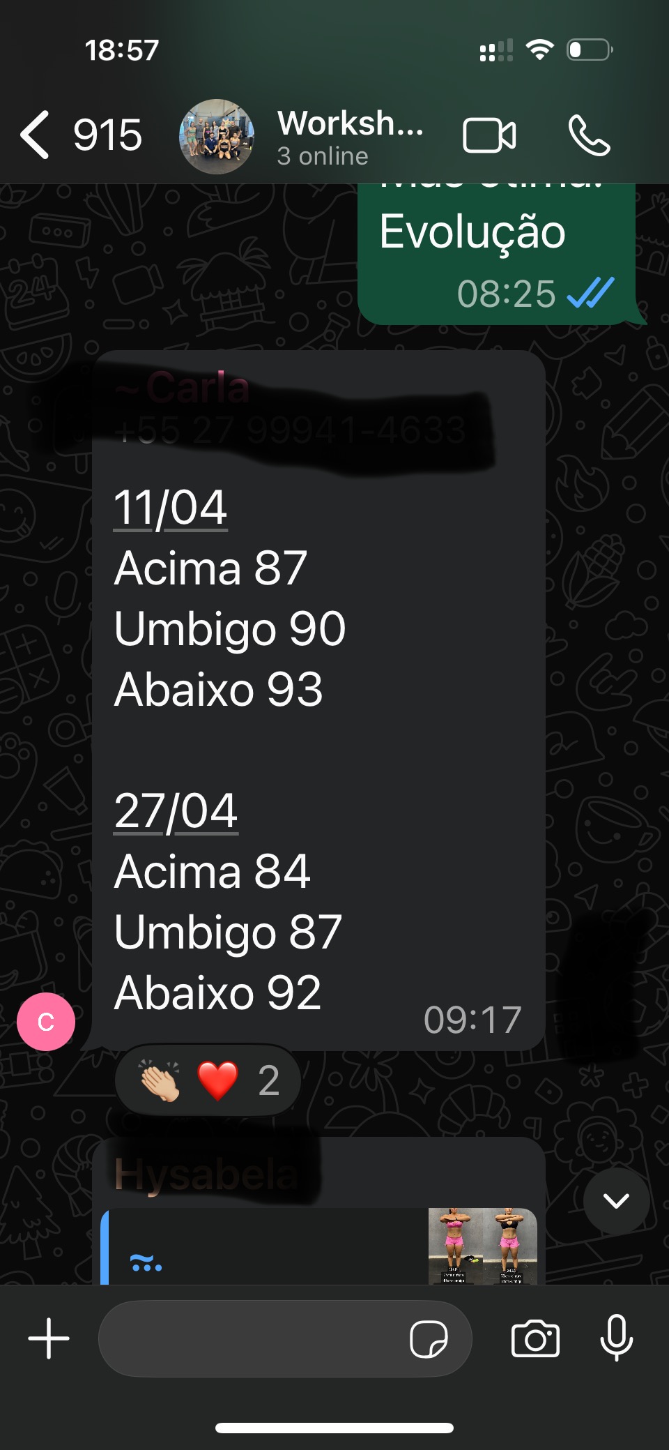 Print de WhatsApp com medidas antes e depois