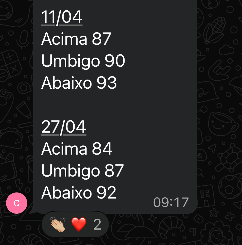 Print de WhatsApp com evolução de medidas